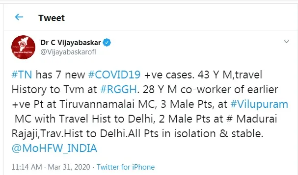 CORONAVIRUS 74 INCREASED MINISTER VIJAYA BASKAR TWEET 